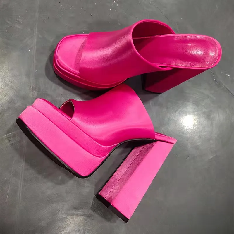 

Summer New Women High Heels Shoes 2022 Brand Chunky Platform Slippers Designer Pumps Party Ladies Sandals Square Toe Fad Slides