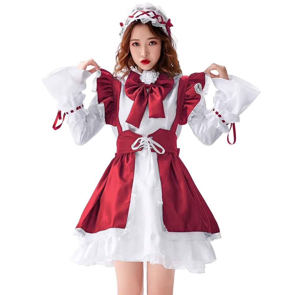 

Japanese Anime Girls Lolita Costume Men Women Black Red Waitress Long Sleeve Short Sexy Dress Maid Clothes Lolita Collection