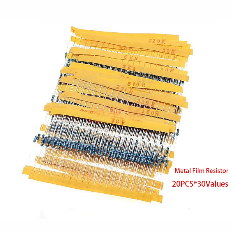 

600pcs/lot 30Values* 20pcs 1% 1/4W resistor pack set diy Metal Film Resistor kit use colored ring resistance (10 ohms ~ 1M ohm)