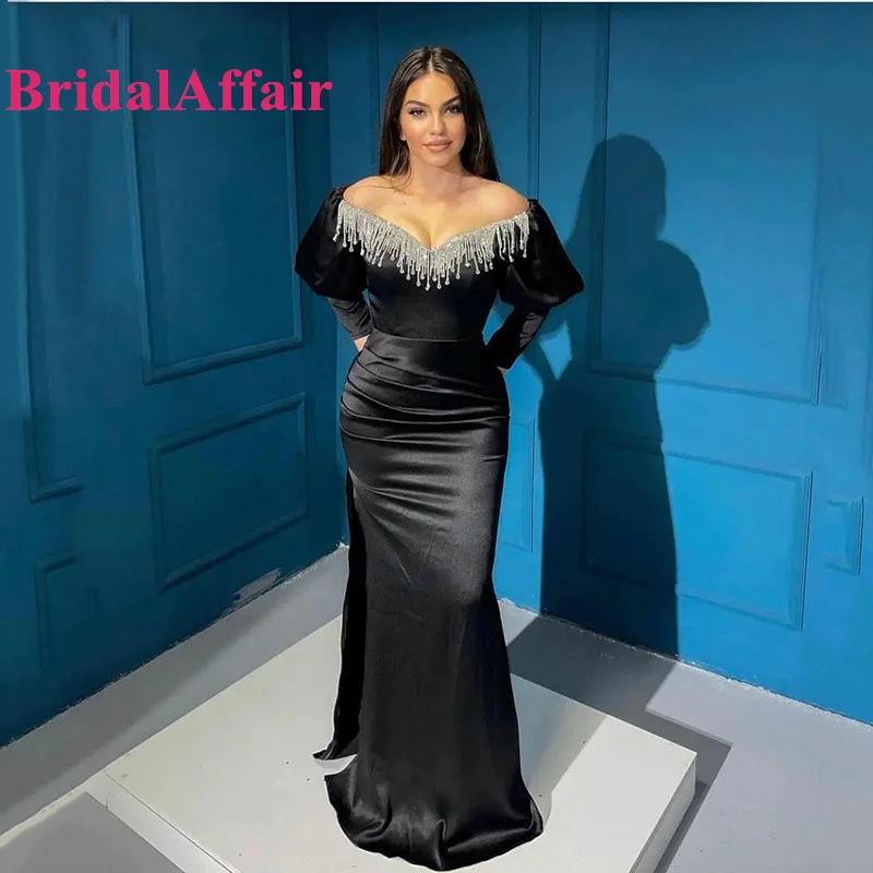 

BridalAffair, современные черные вечерние платья-русалки 2022 года, с длинным рукавом, Дубай, атласные бусины, бальные платья для выпускного вечера