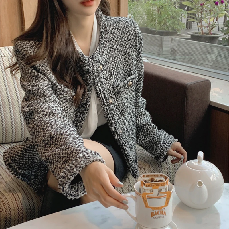 

Женская твидовая короткая куртка с круглым вырезом, новая летняя маленькая универсальная женская верхняя одежда, 2022