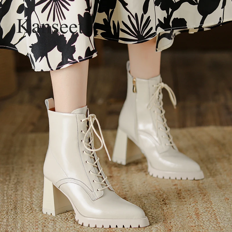 

Женские ботильоны Kanseet на осень и зиму, Новые бежевые короткие ботинки из натуральной кожи с острым носком на молнии, женская обувь на высоком каблуке 8 см