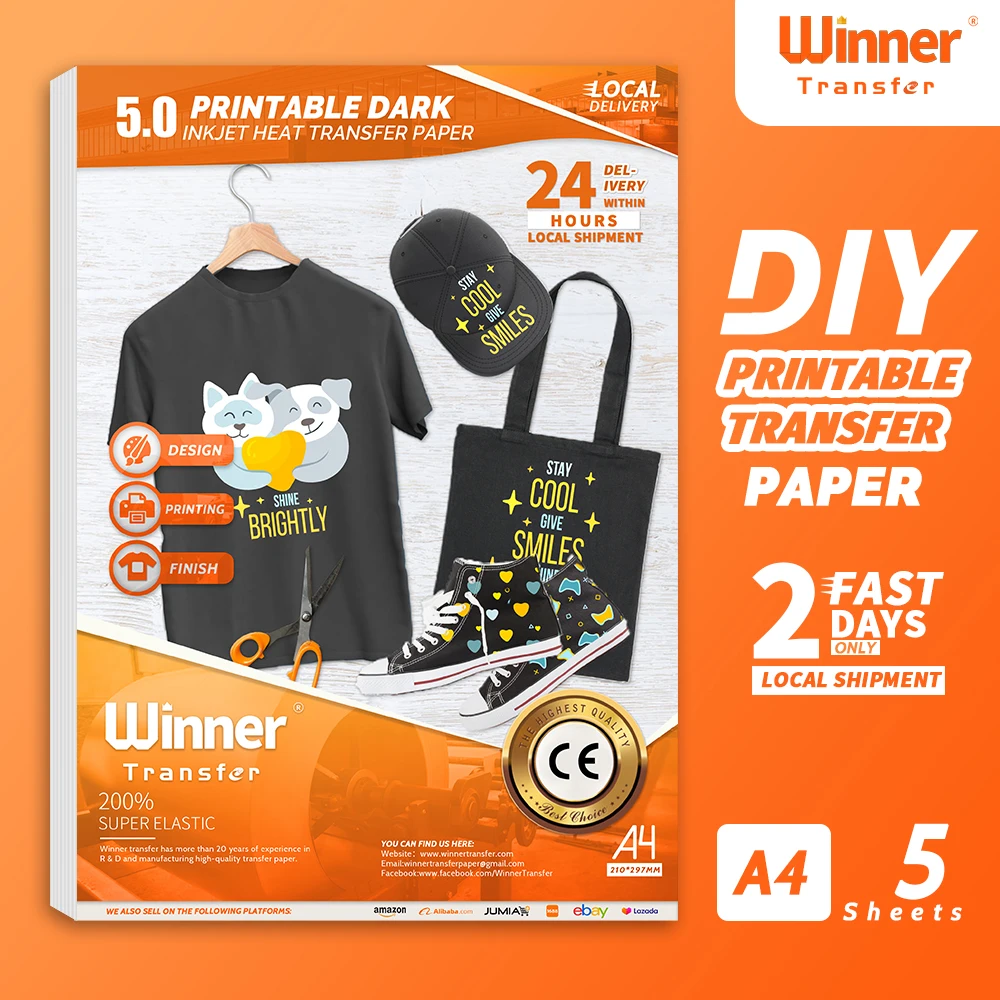 WinnerTransfer -50%Heat Transfer Paper for Dark Fabric T Shirt Printing Paper Inkjet Transfer Paper for Clothing A4 5sheets