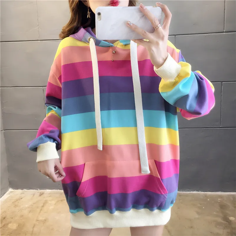 Colorful Rainbow Stripe Harajuku Casual Hoodies Sweatshirt Tops Pullovers Female Thin Loose Plus Size 2XL Korean Fashion
