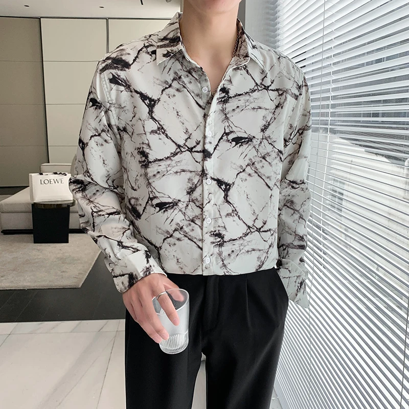 Crack Printed Shirts for Men 2022 Long Sleeve Loose Casual Shirt High Quality Streetwear Social Party Tuxedo Blouse Men Clothing