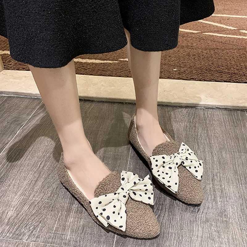 Women Winter Curly Sheep Loafers Plush Cotton Shoes Casual Fuzzy Designer Luxury Lambswool Bowknot Mocasines Flat Shoes