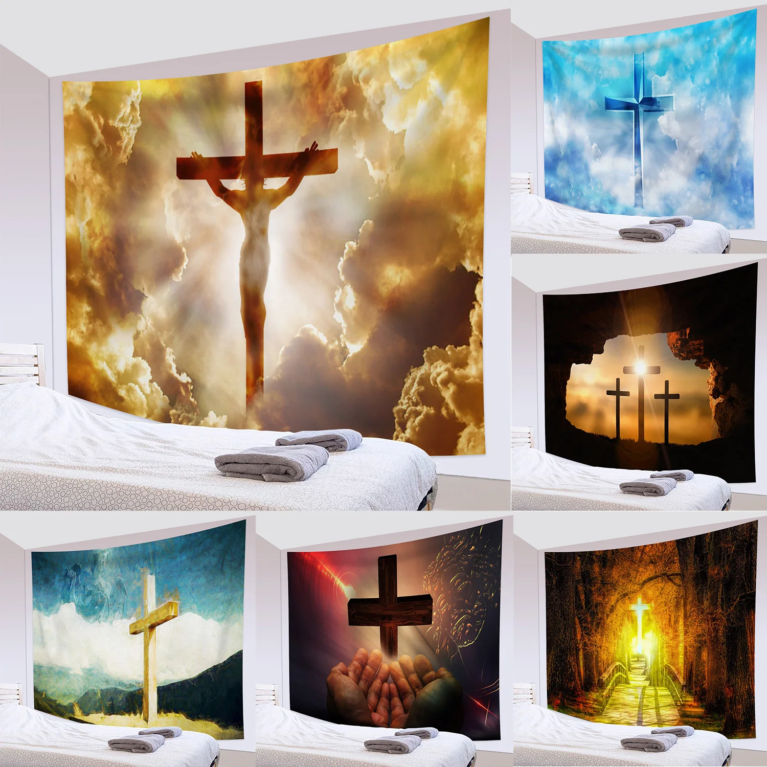 

Jesus Print Tapestry Christian Holy Cross Tapestry Wall Hanging Easter Background Cloth Bedroom Dormitory Decoration Tapestry