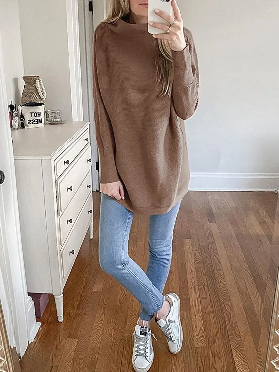 UhANRABESSio Women Casual Turtleneck Batwing Sleeve Slouchy Oversized Ribbed Knit Tunic Sweaters Pullover enlarge