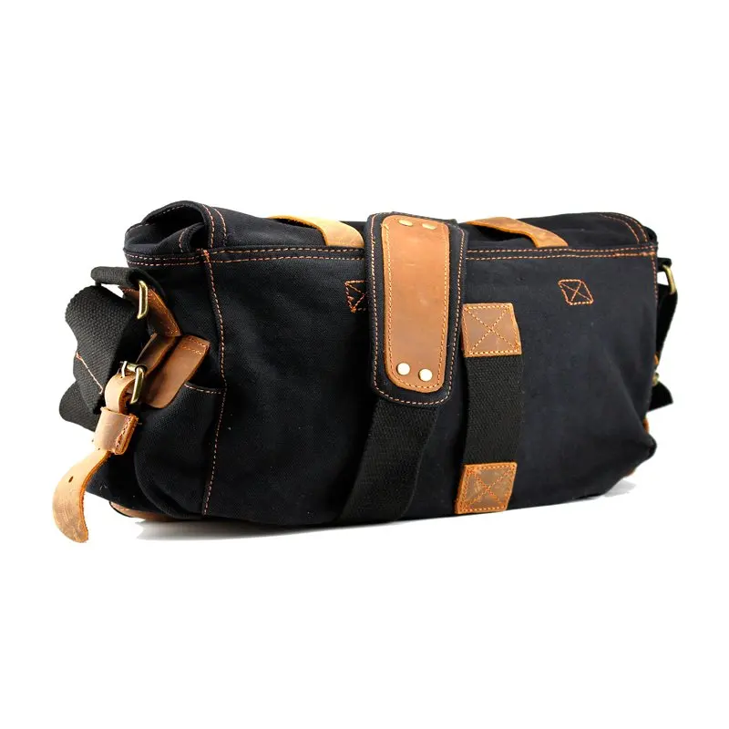 Men's Classic Black Leather Vintage Canvas and Satchel Military School Shoulder Messenger Bag - Stylish & Durable.