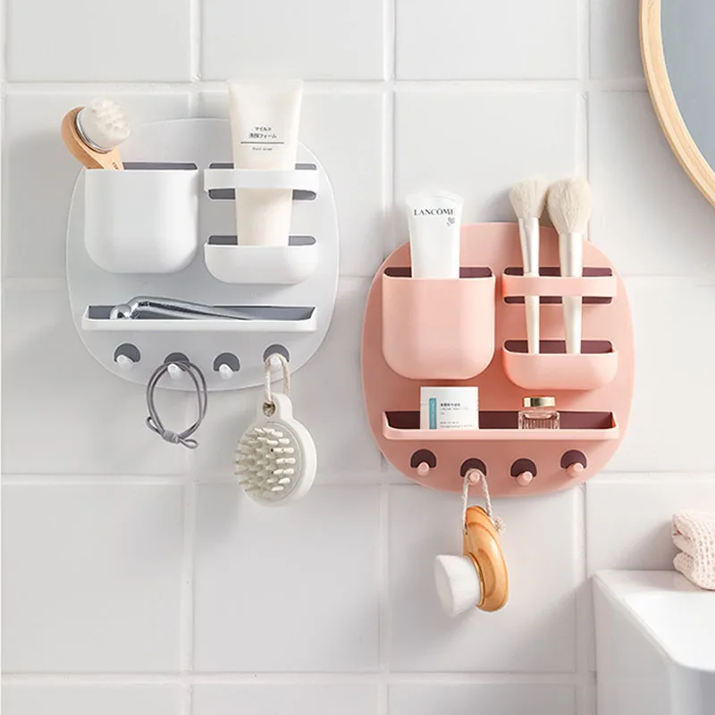 

Wall Mounted Bathroom Shelf Plastic Holder Storage Rack Cosmetic Containers Towel Hooks Shampoo Organizer Kitchen Accessories