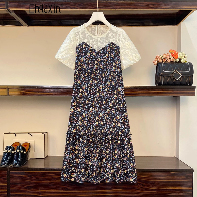 

Женское Цветочное платье EHQAXIN, летние новые элегантные кружевные вязаные крючком платья свободного покроя с коротким рукавом и оборками, женская модель