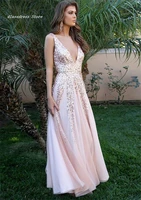 sexy pink a line deep v neck long prom dresses sequins beaded backless floor length formal party gowns high quality customizable