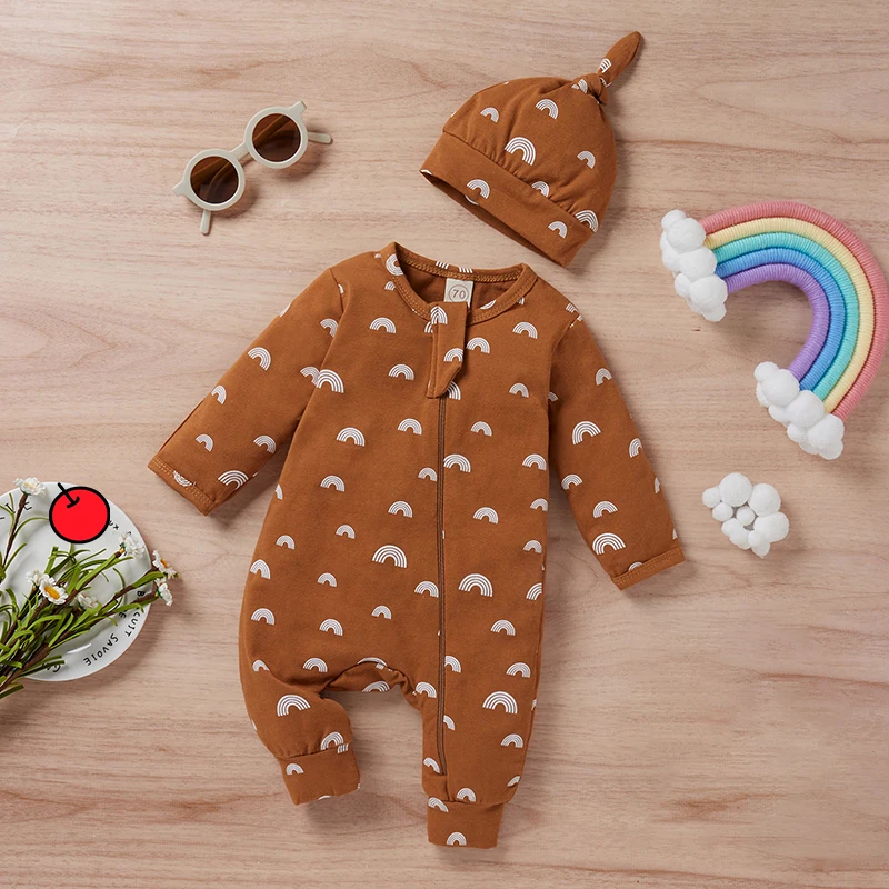

2Pcs 1-3Years Old Baby Romper Hat Set Autumn Winter Girl Boy Cotton Long Sleeve Round Neck Outfit Cartoon Rainbow Print Bodysuit