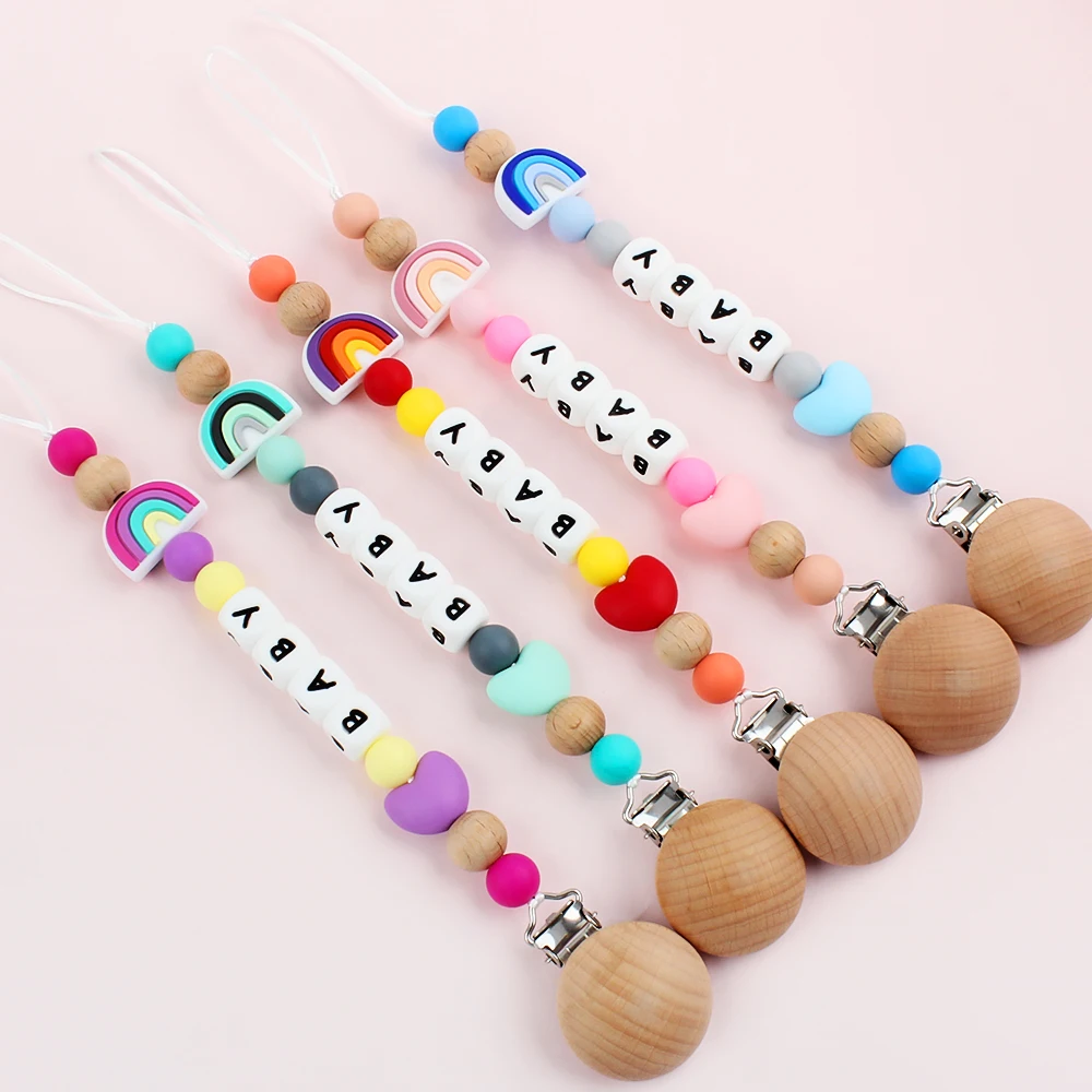 

Pacifier Chain Personalized Name Baby Pacifier Clips Holder Anti-Drop Chain Food Grade Rainbow Silicone beads Teething Toys