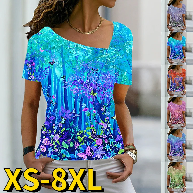 

Женская блузка с коротким рукавом, Повседневный пуловер с цветочным принтом и V-образным вырезом, лето 2022