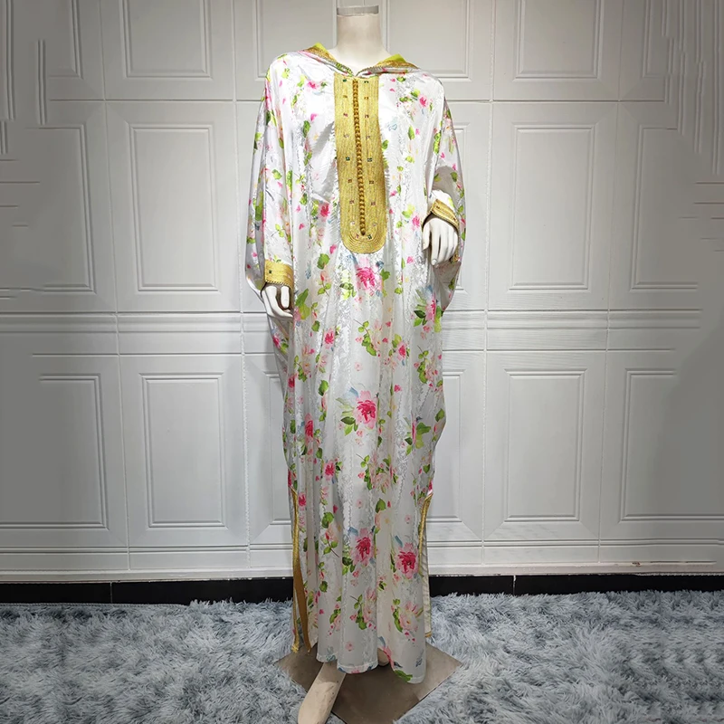 Diamonds Hooded Eid Printed Abayas For Women 2022 Plus Size Abaya Dubai Turkey Islam Arabic Muslim Long Luxurious Evening Dress