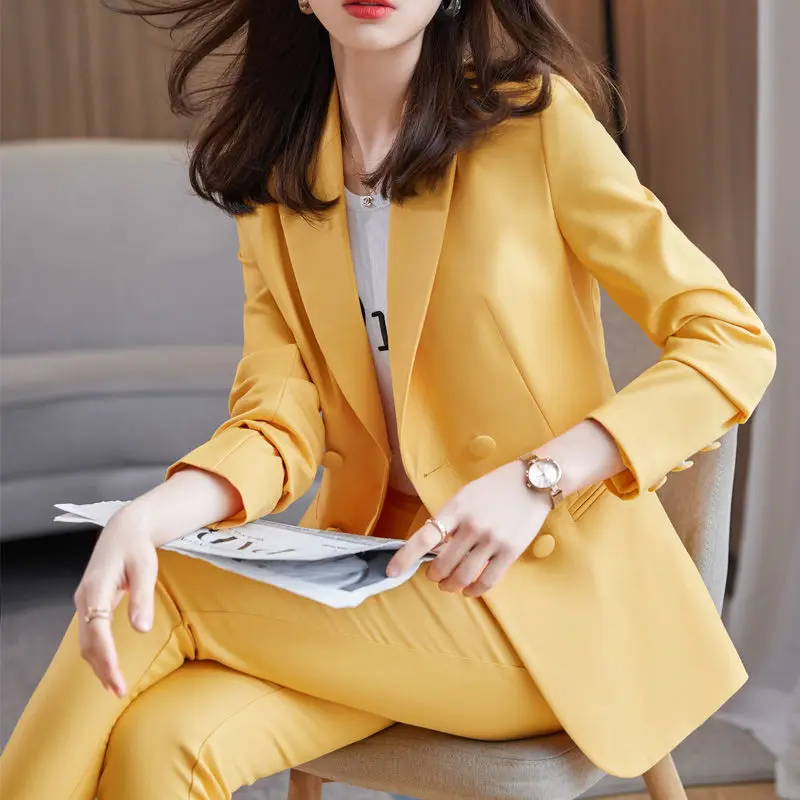 Women's Fashion Two-piece Sets Suits 2022 Long Sleeve Double Breasted Blazer Pants Casual Solid Sreetwear Chic Female J54