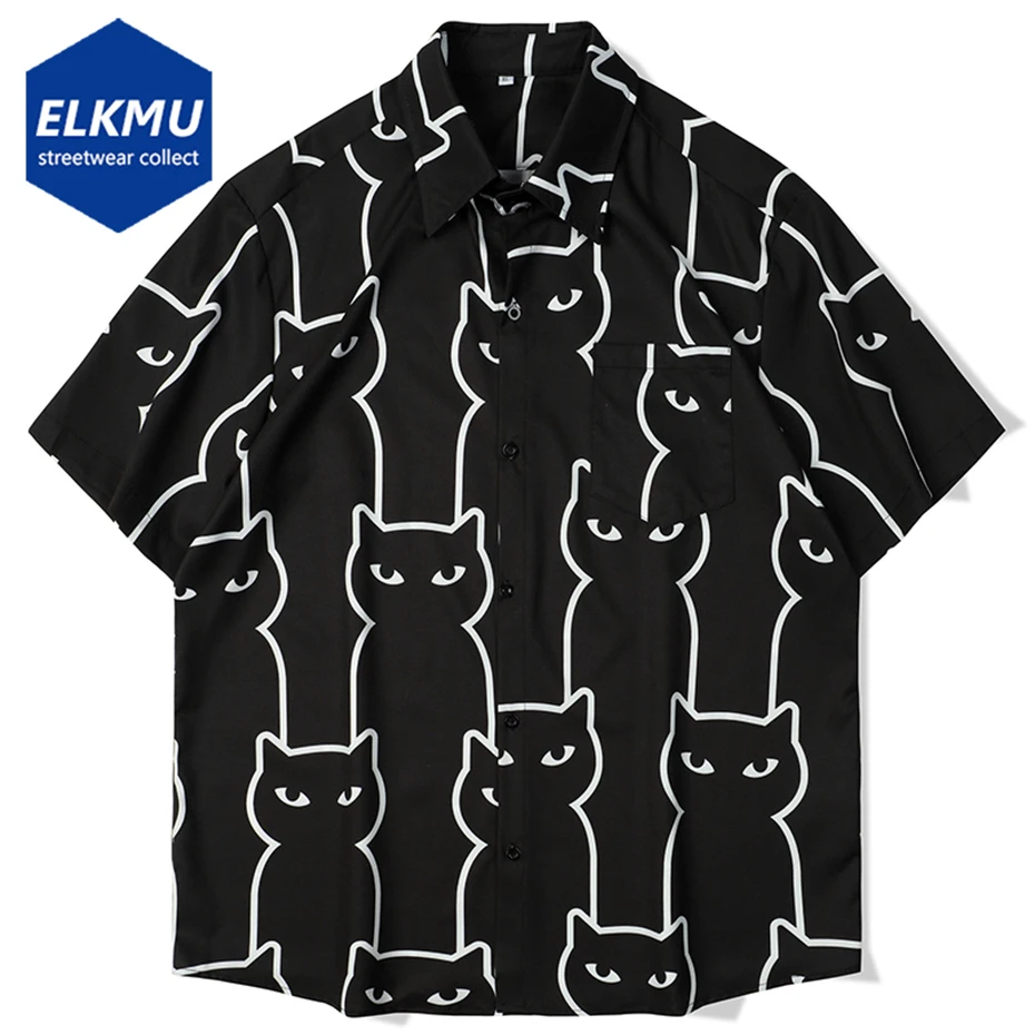 

Гавайская рубашка в стиле хип-хоп, с мультяшным черным котом и графическим принтом, пляжные рубашки на пуговицах, модные повседневные свободные топы с коротким рукавом, лето 2023