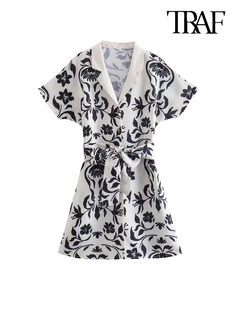 

Платье-мини женское льняное с поясом, коротким рукавом и пуговицами спереди