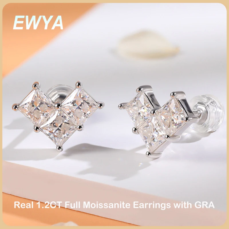 

EWYA Sparkling 1.2CT Princess Cut Moissanite Stud Earrings For Women S925 Sterling Silver Square Diamond Earring Fine Jewelry