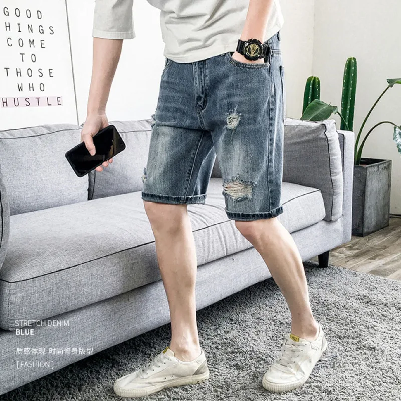 Summer Denim Shorts Streetwear Vintage Jeans Men's Loose Hole Denim Shorts Men's Fashion Button Mid Waist Denim Straight Shorts