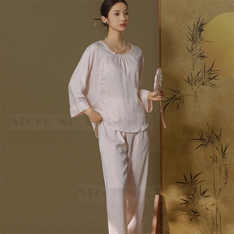 Пижамный комплект Женский в китайском стиле жаккардовые атласные брюки