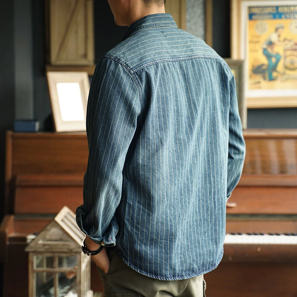 Retro heavy striped denim shirt cotton washed long sleeve casual men's coat tooling shirt