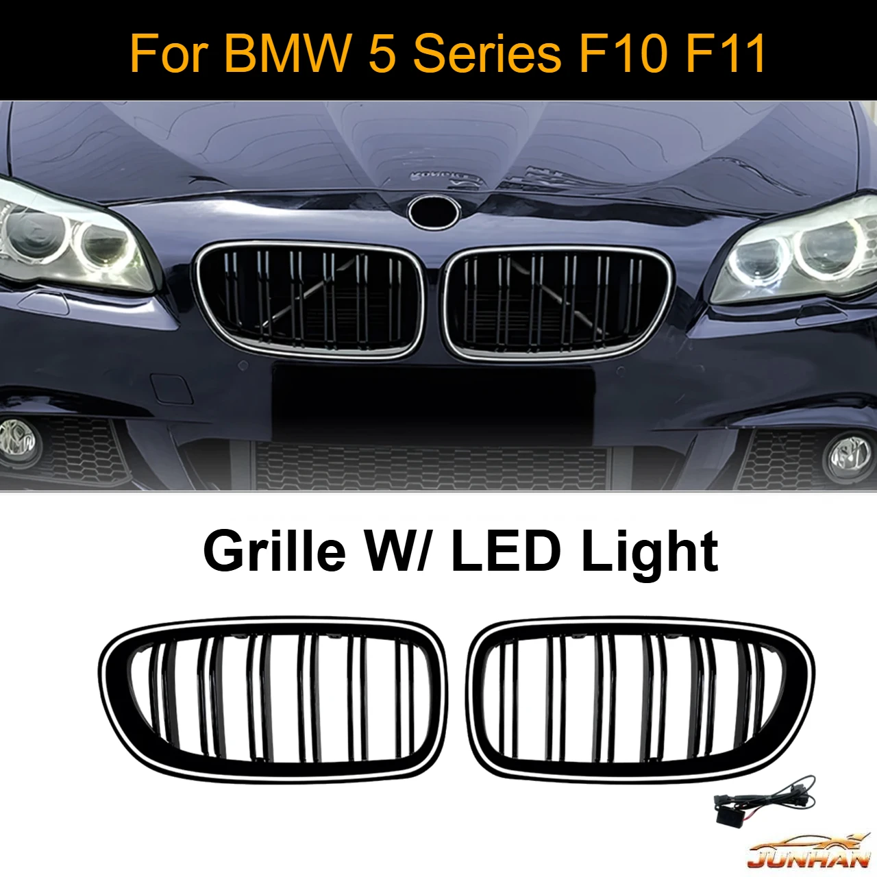 Фото Решетка радиатора с LED-подсветкой для BMW 5 серии F10 F11 520i 525i 528i 530i 535i 550i 11-17, верхняя сетка бампера/капота №1