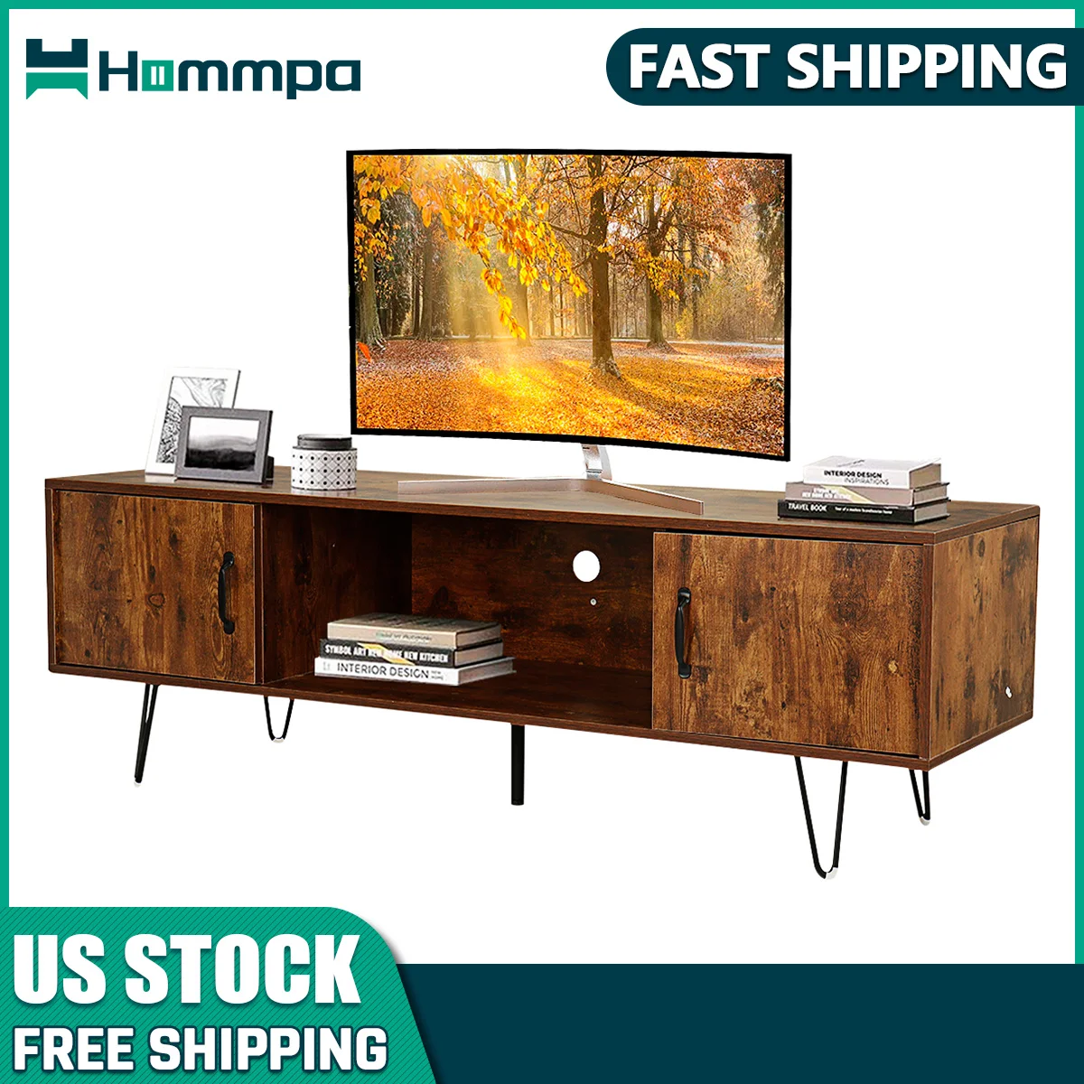 

Hommpa Retro TV Stands Wood Media Console Mid Century with 3 Storage Cabinets Modern TV Stand for 55 to 65in TV for Living Room