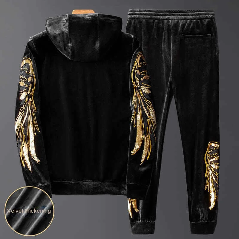 Men's Winter Fleece-lined Thickened Gold Velvet Casual Sports Suit Fashion Brand Printed Two-piece Set