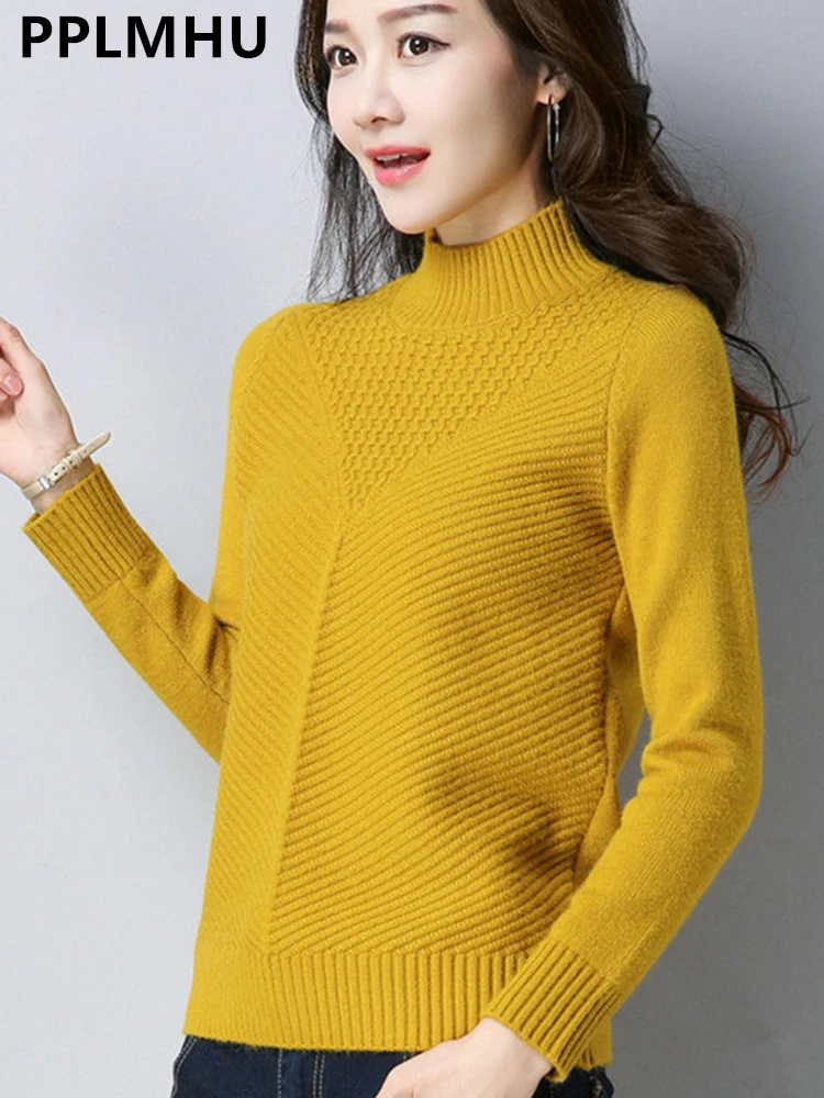 

Women's Ribbed Knitted Sweater Fall Winter Mock Neck Casual Thick Pullover Loose Warm Basic Knitwear Jumper Korean Crochet Tops