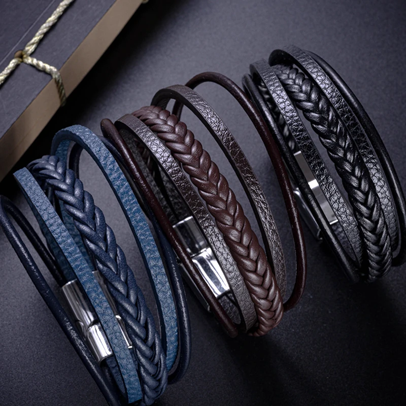 

Simple Fashion Men Leather Bracelet Handmade Woven Classic Multi-layered Leather Bracelet For Men Jewelry Gift