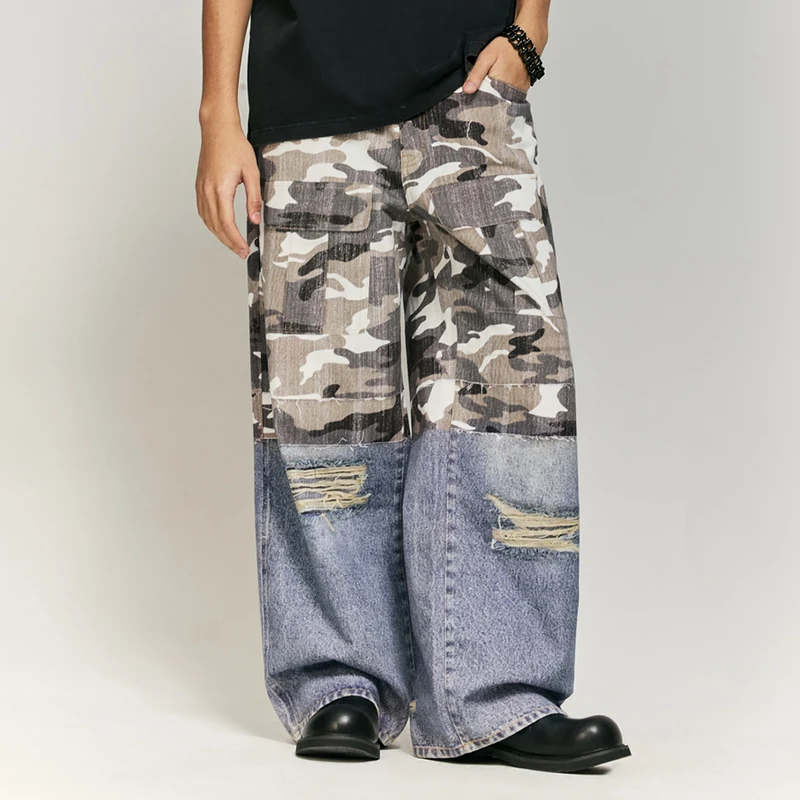 Retro Tattered Jeans Stitched Camouflage Printed Men and Women Street Fashion Brand Loose Wide-Leg Draggle-Tail Trousers
