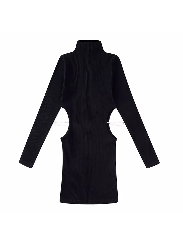 

Женское трикотажное мини-платье DYLQFS, винтажное платье с длинным рукавом, вырезом и аппликацией в виде драгоценных камней