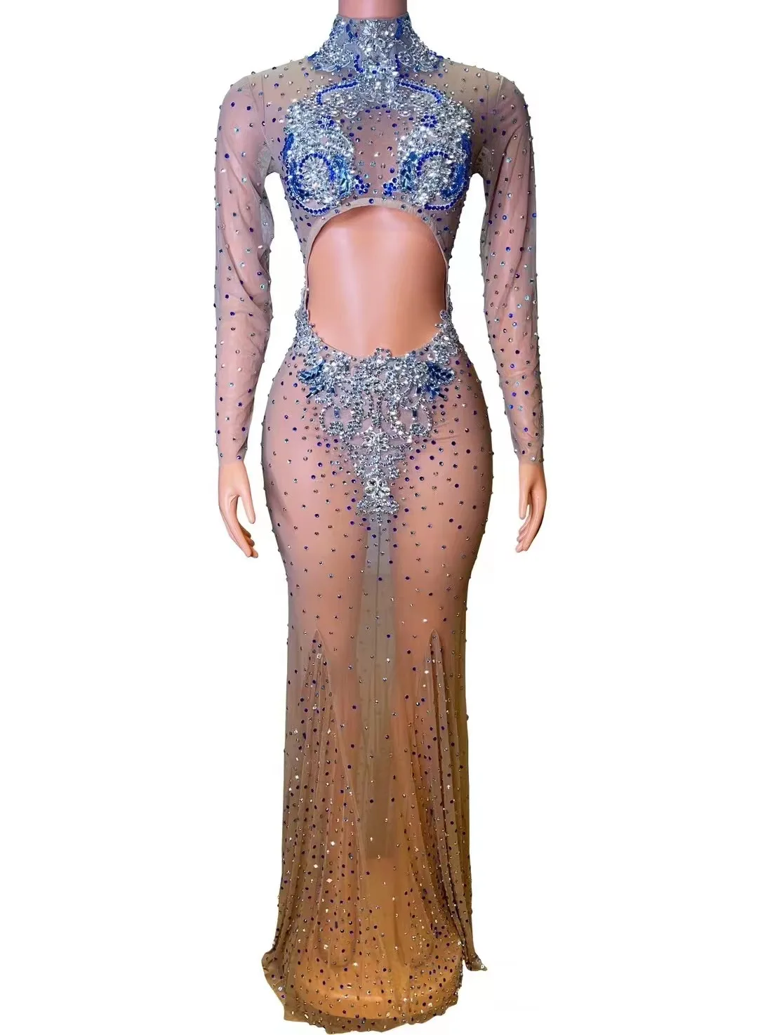 

Sexy Brilliant Nightclub Bar Female Singer Full Diamond Mesh Perspective Hollow Long Sleeve Wrapped Hip Model Performance Dress