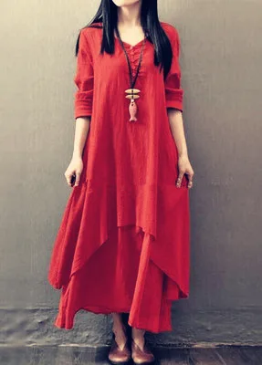 red coffee new Elegant Cotton Linen Dresses for Women Mori Girl Style Casual Dress Plus Size Loose Long Sleeve Robe Club Outfits