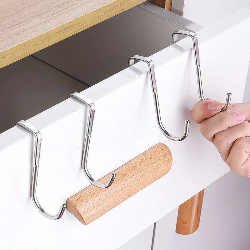 

Double S Shape Hook Stainless Steel Cabinet Door Clothes Hanger Kitchen Bathroom Hanging Holder Home Storage Railing S Hooks