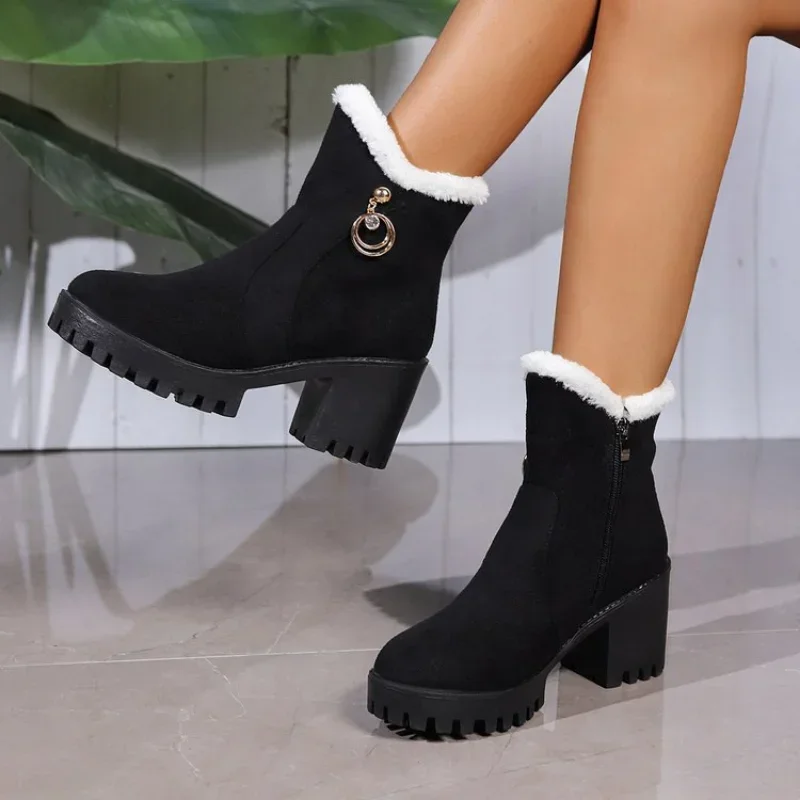 

Women Winter Snow Boots Thick Soled Cotton Shoes Women Fashion Chunky Heeled Ankle Boots Metal Decor High Heels Platform Booties