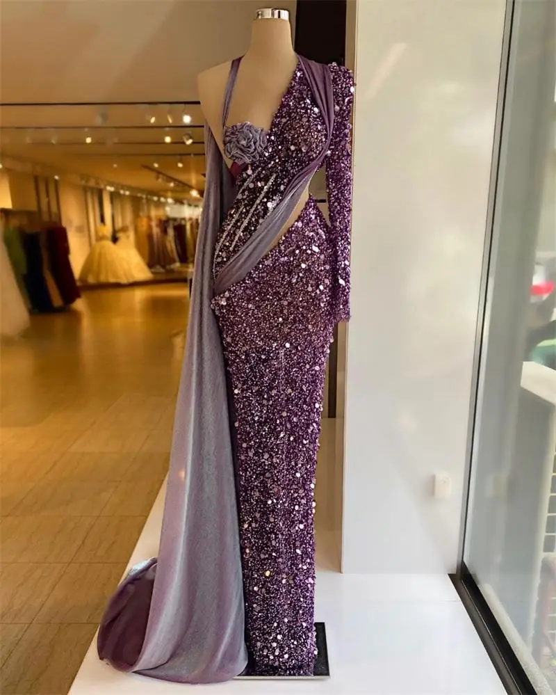 

Deluxe Purple Mermaid Evening Dress One Shoulder Flower Sequins Prom Dress Shiny Floor Mopping Party Banquet Dress Large Custom