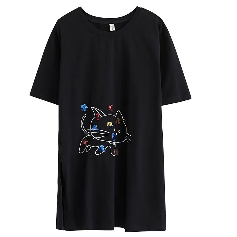

Women's 150Kg Plus Summer Size Short-Ssleeved Sequined Cat T-Shirt Bust 150cm 6XL 7XL 8XL 9XL Loose Cotton O-Neck T-Shirt Black