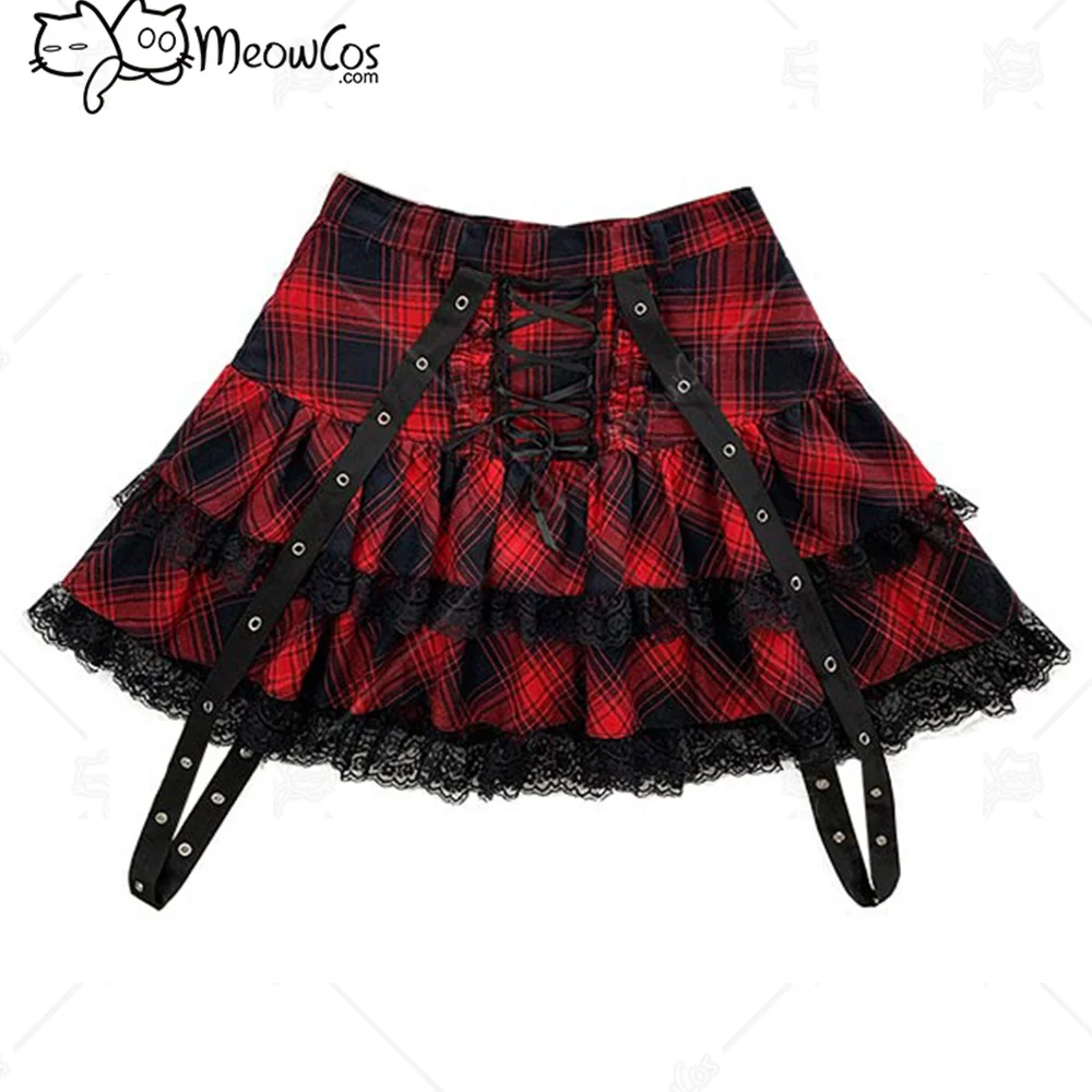 

Woman Cute Harajuku Rock Style Grid Pattern Lace Decorated Tie-Front Belt Pendant Short Type Skirt Only Costume Outfit