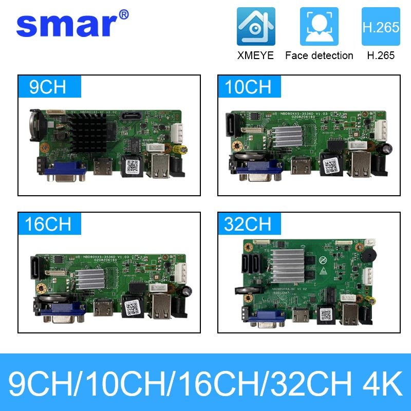 

Smar H.265 NVR Motherboard 9CH/10CH/16CH/32CH 4K Network Video Recorder For 5MP 8MP IP CCTV Camera XMEYE ONVIF Face Detection