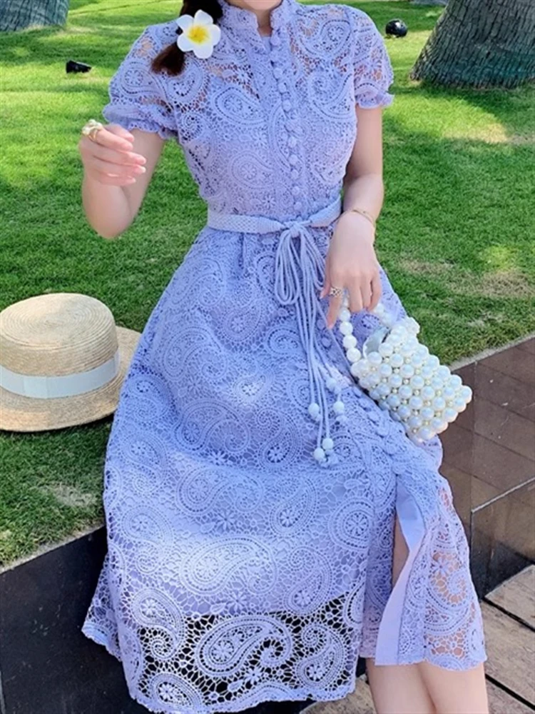 Женское кружевное платье в стиле бохо элегантное винтажное однотонное