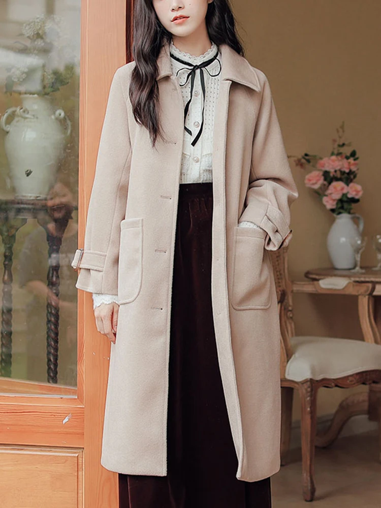 

Женское шерстяное пальто Ailegogo, свободное теплое длинное пальто с поясом, уличная одежда, однобортная куртка с карманами, Дамская верхняя од...