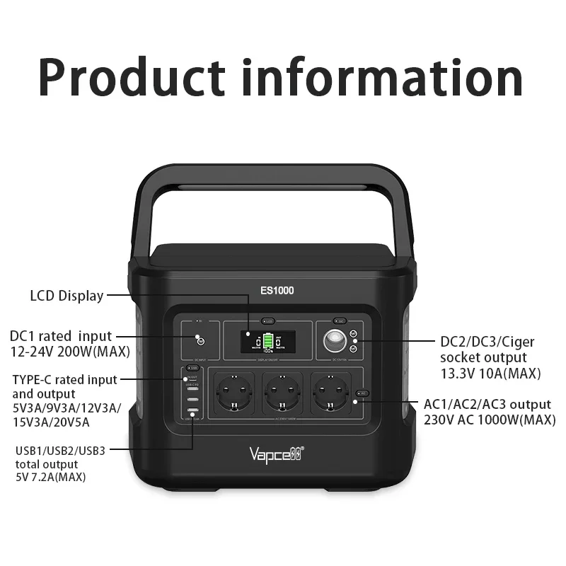 Vapcell ES1000 Удобный аварийный источник питания Портативный уличный 48000 мАч 1036 8 Втч
