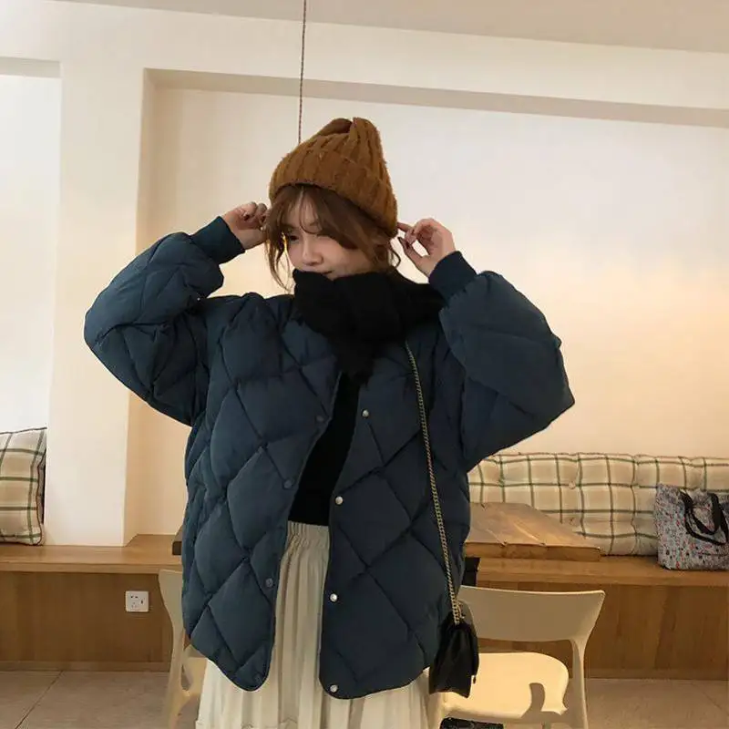 Casual Women's Clothing Winter Ladies 2022 New Fashion Down Cotton Jacket Pure Color Simple Diamond Lattice Warm Cotton Jacket