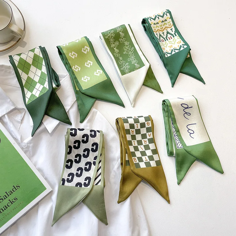 Маленький шелковый шарф зеленого цвета женская тонкая узкая лента для волос на