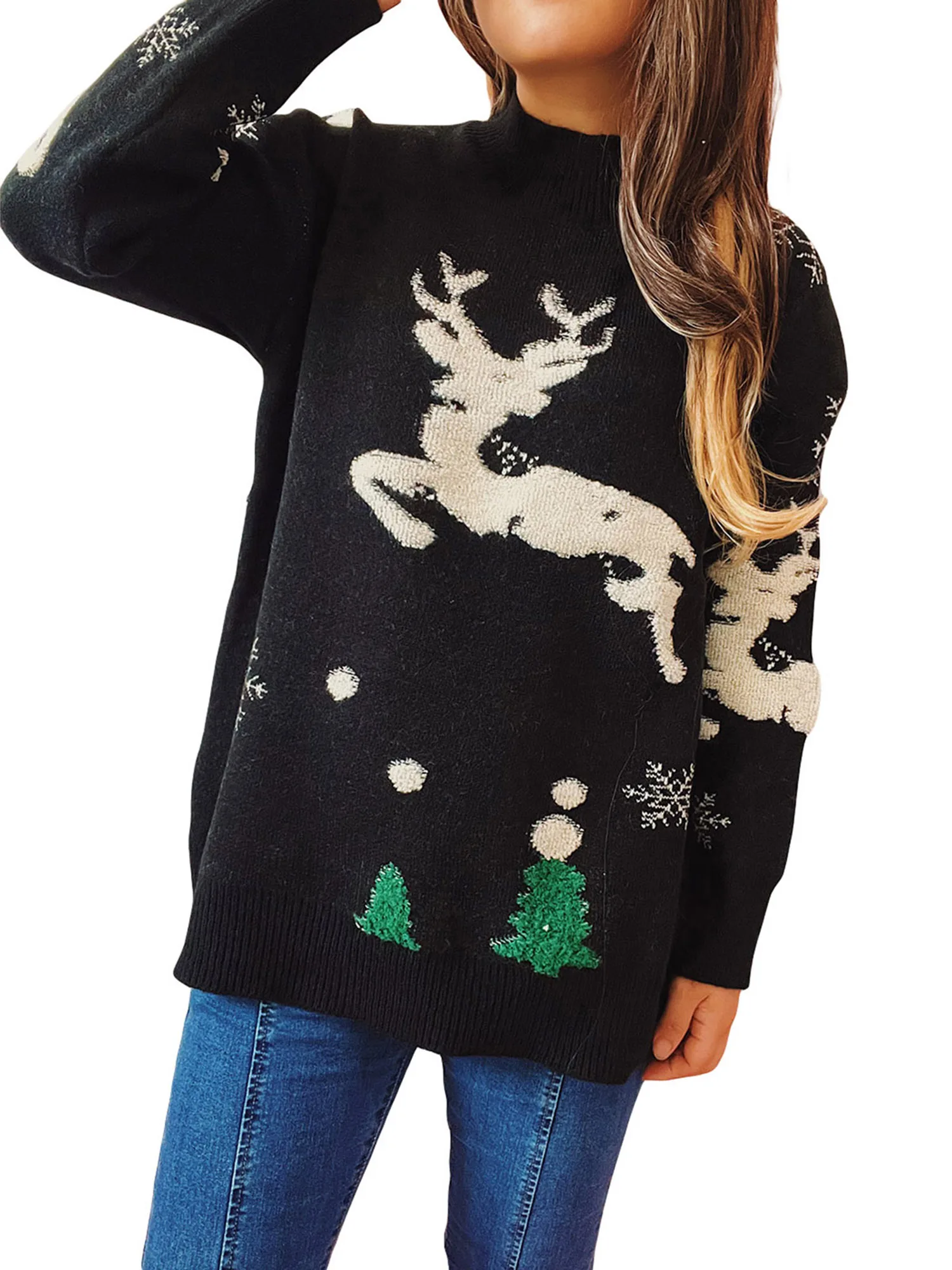 

Female Sweater, Christmas Tree Elk Patterns Mock Neck Long Sleeve Knitwear Winter Outfit, Red/Black, S/M/L/XL