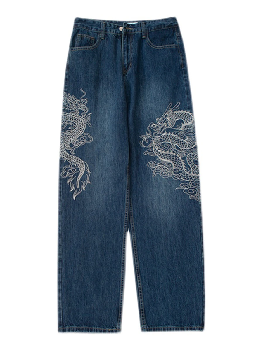 Four Seasons Vintage Chinese Dragon Embroidery Blue Jeans Men Straight Loose Casual Pants Fashion Streetwear Ins Hot Sale Denim