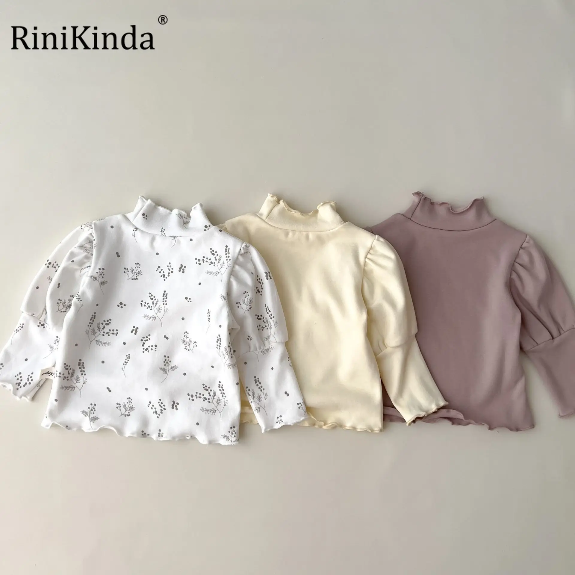 

RiniKinda 2022 Print Kids Baby Clothes Cotton Puff Sleeve T Shirts New Korean Style Solid Tops Autumn Baby Clothing